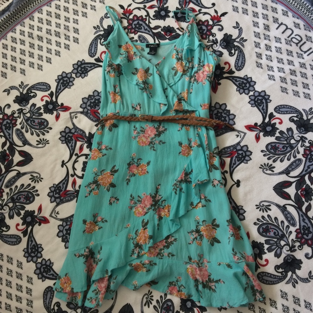Floral dress with a braided suede belt